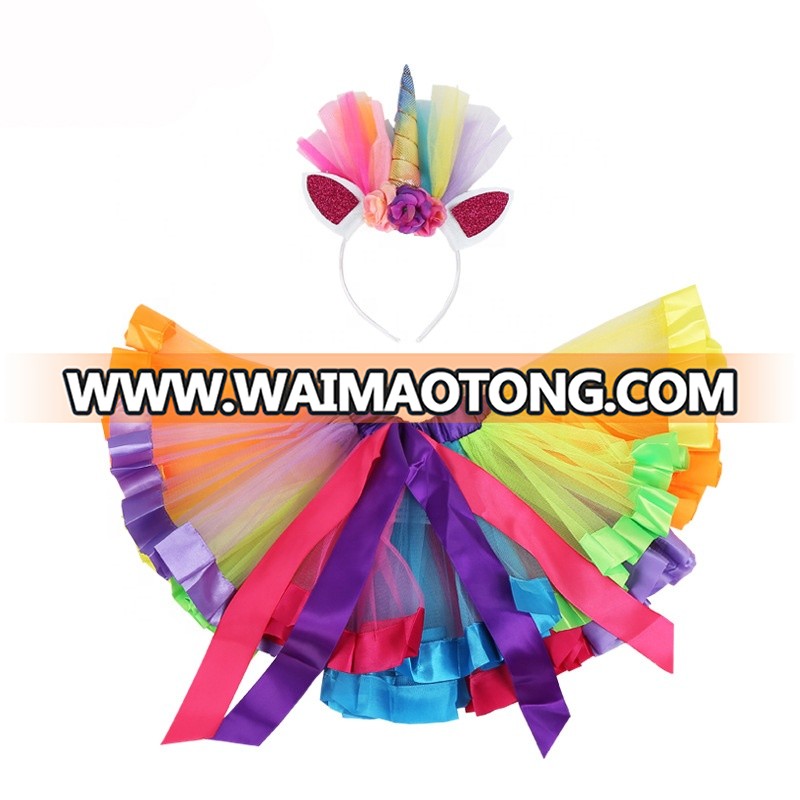 Amazon Wholesale Little Girls Layered Rainbow Tutu Skirts with Unicorn Horn Headband Birthday Party Costumes