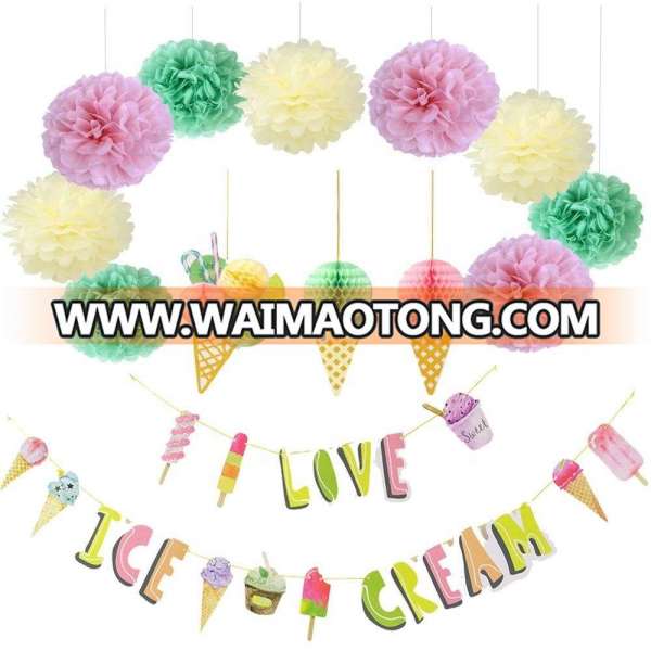 Summer Party Hanging Ice Cream Tissue Paper Honeycomb Ball Pom Pom Supplies Wedding Birthday Decoration Set